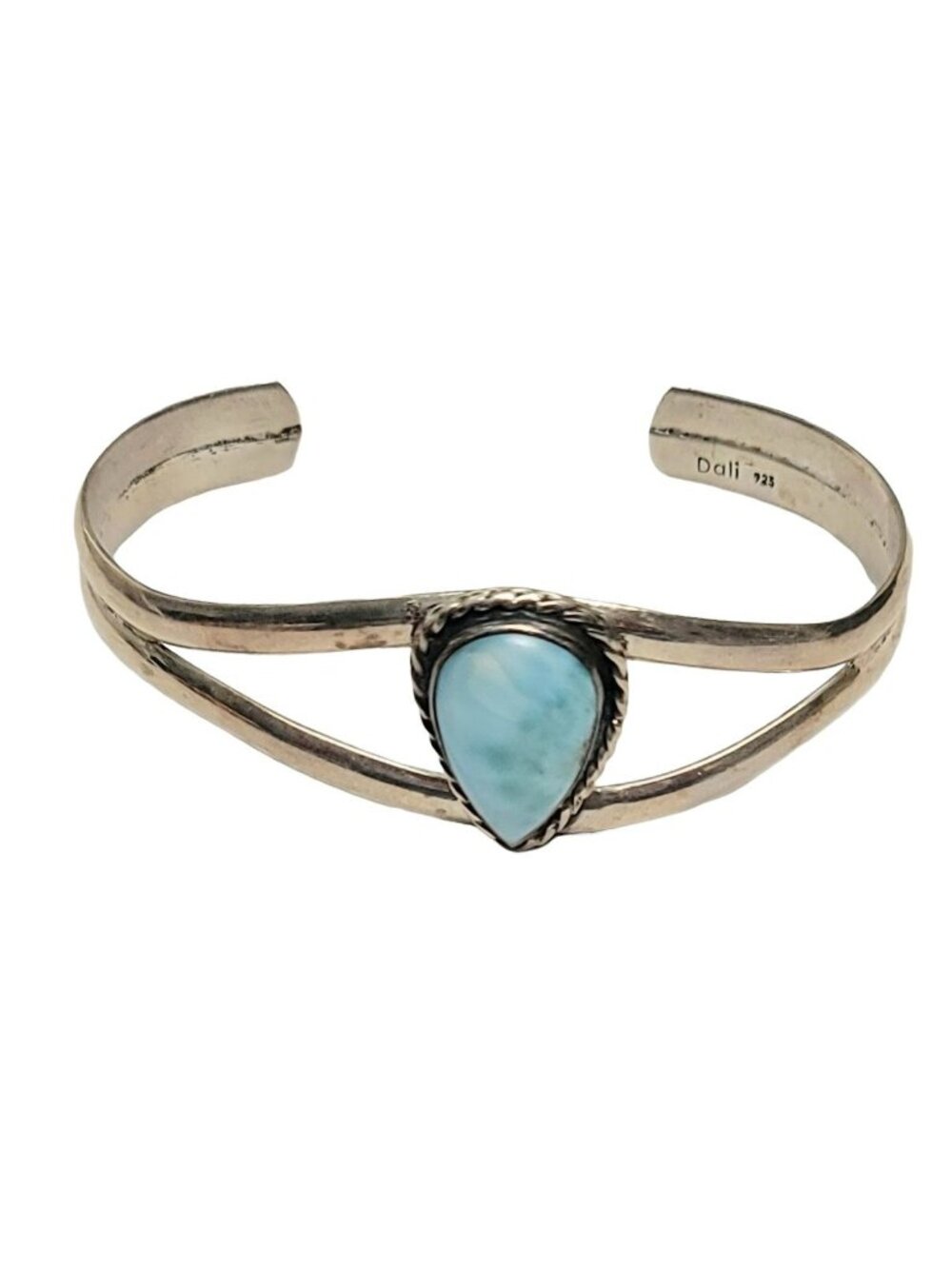 Dali 925 Sterling Silver Larimar Blue Teardrop Cuff Bracelet, Signed